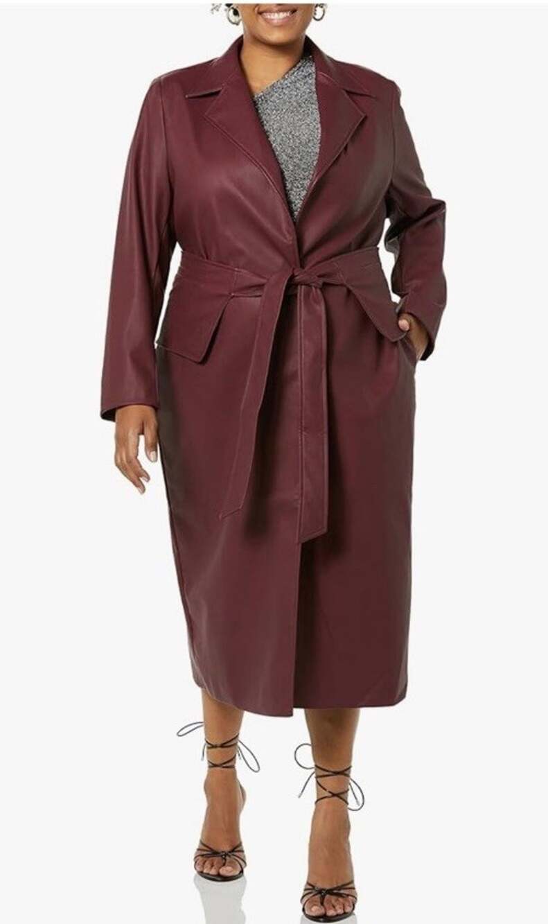Terea By Andrea Pitter Dark Cherry Faux Leather Long Coat Belt TR311 Large NWT